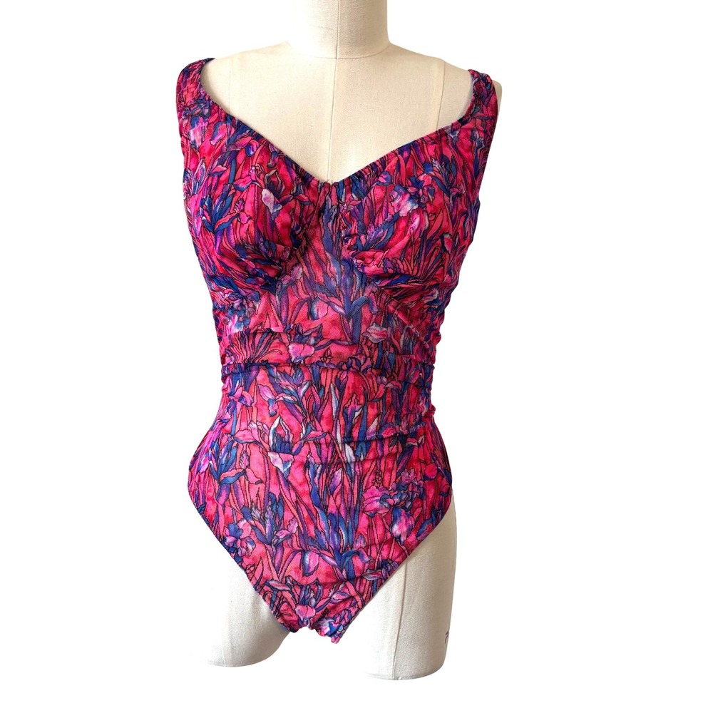 Vintage Solar Pink Floral Mesh Ruched One Piece Swimsuit Vintage Sz 18 RARE!